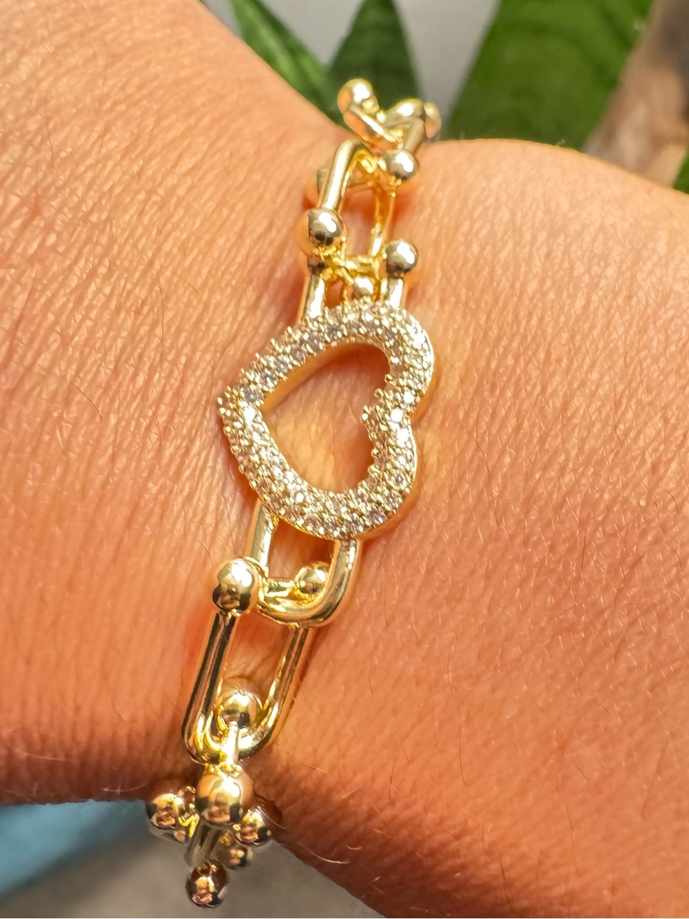 Gold Heart Link Bracelet with Crystal Pavé Accent